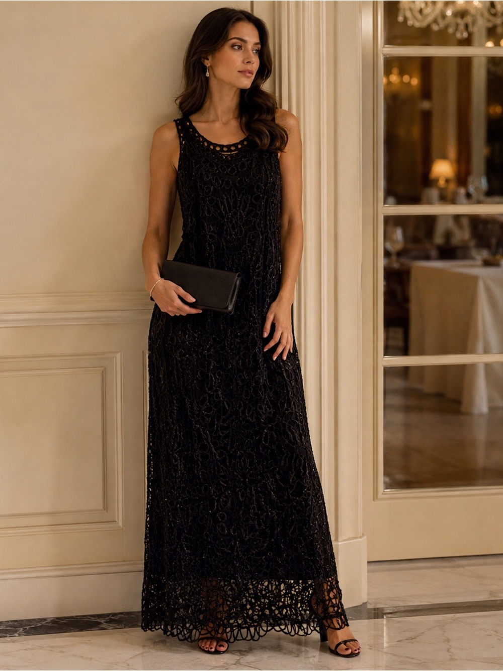 Vintage Soulmates Silk Lace Crochet Evening Formal Maxi Dress Gown Black Medium